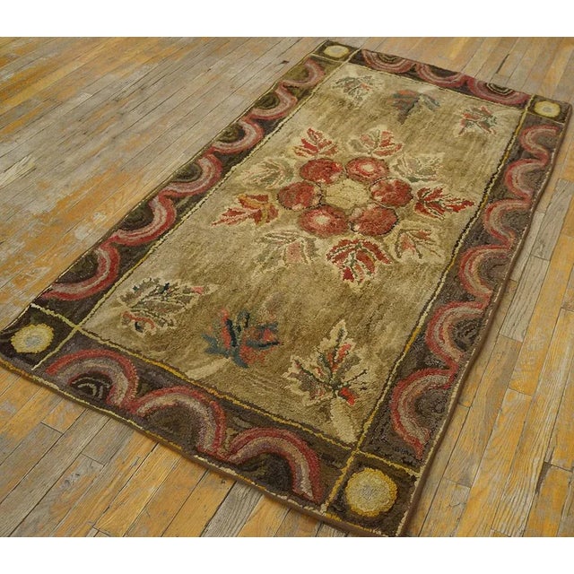 American 1900s Brown Floral Antique Fan Arc Border American Folk Art Hooked Small Rug For Sale - Image 3 of 15