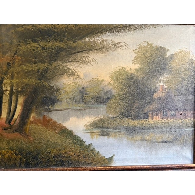 Oil on canvas primitively rendered of a rural cottage adjacent to a river. Artist unknown--no signature. Size listed is...