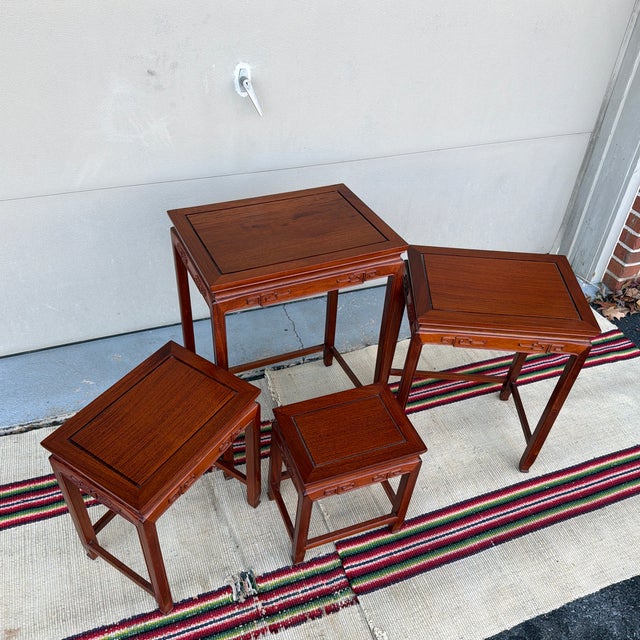 A Very Nice Set of 4 Vintage Chinoiserie Mahogany Nesting Tables, Circa 1960's For Sale - Image 6 of 12