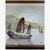 A serene small vintage oil painting featuring traditional Chinese junk boats drifting across calm water beneath a glowing...