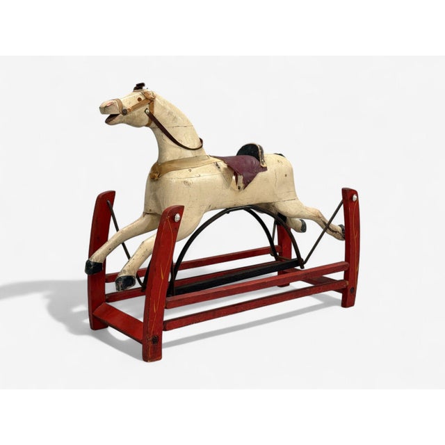 Folk Art Victorian, Painted Wood, Primitive Rocking Horse, Usa, 19th C. For Sale - Image 3 of 13
