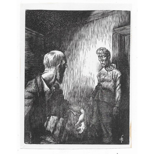 1950s woodcut of a tense moment between a man and woman, signed "CK" in the plate.