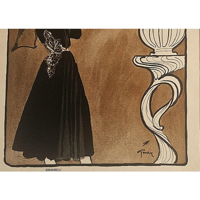 1940s 1945 Rare Find-Set of 2 Mid-Century French Fashion Prints-Schiaparelli, Balenciaga-by Gruau For Sale - Image 5 of 7