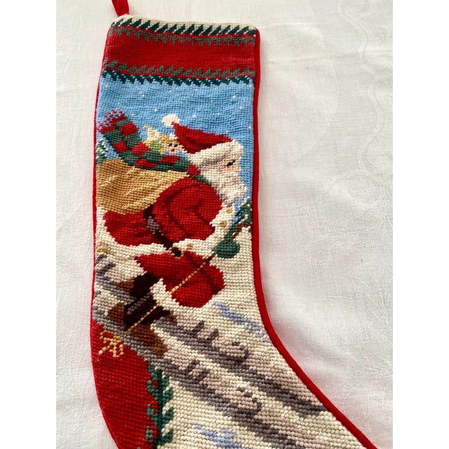 Vintage Skiing Santa Claus 100% Wool Needlepoint Christmas Stocking 1991 Peking Handicraft Excellent Condition For Sale - Image 10 of 13