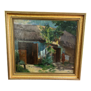 Oil on Canvas by Hungarian Artist Romek Arpad (1883-1960) Framed Signed Village Home