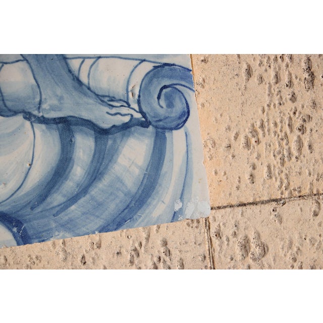 Baroque Antique 18th Century Blue and White Portuguese Tile Depicting a Foot on a Rocaille Ribbon For Sale - Image 3 of 9