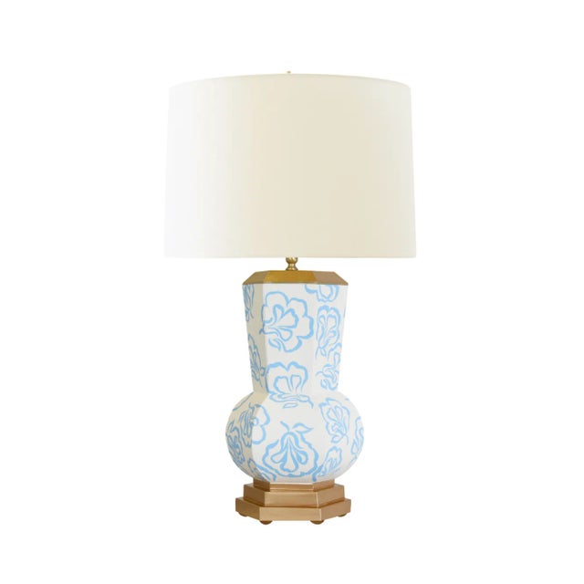 Handpainted gourd shaped tole (metal) table lamp in Blue Blooms Pattern. 17" Diameter Silk Cream Shade UL approved for one...