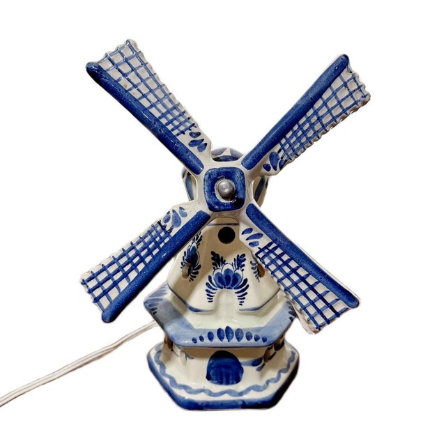Pair of Vintage Authentic Dutch Delft Blue Hand-Painted Porcelain Windmill Table Lamps - Made in Holland An elegant...