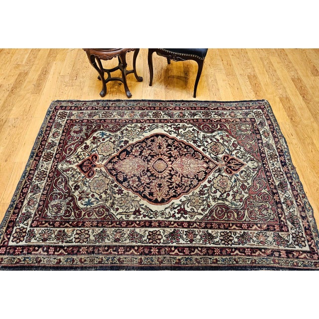 Textile 19th Century Persian Kerman Lavar Rug, Hand-Knotted Wool, Floral Design, Burgundy & Ivory, 4x6 For Sale - Image 7 of 18