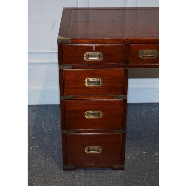 Military Campaign Twin Pedestal Desk with Leather Top For Sale - Image 3 of 16