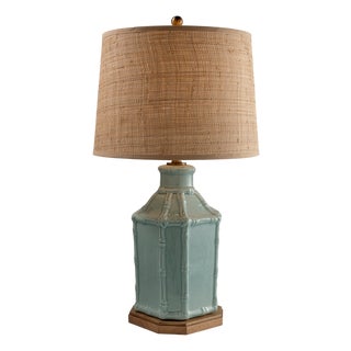 Amelia Celadon Bamboo Birdcage Lamp with Raffia Shade For Sale