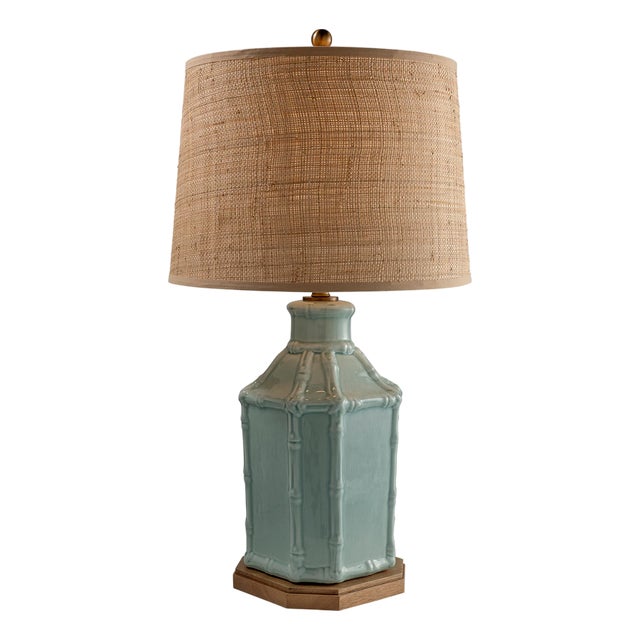 Amelia Celadon Bamboo Birdcage Lamp with Raffia Shade For Sale