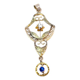 Mid 20th Century 14k Yellow Gold Floral Diamond Pendant With Sapphire Dangle For Sale