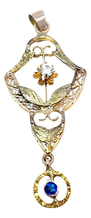 Mid 20th Century 14k Yellow Gold Floral Diamond Pendant With Sapphire Dangle
