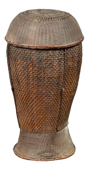 Antique Farmer's Grain Basket with Iridescent Motifs and Weathered Appearance