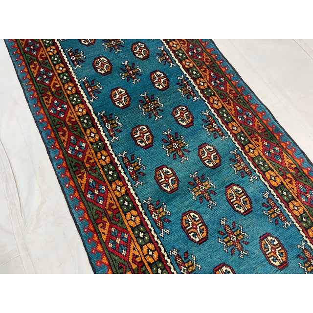 Textile Blue Turkmen Style Tribal Runner Rug With Geometric Motifs, 2'9" X 9'4" For Sale - Image 7 of 15