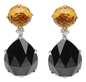 18K White and Yellow Gold 1/5 Cttw Diamond with Round Yellow Citrine and 20x15mm Pear Cut Black Onyx Gemstone Dangle Earring