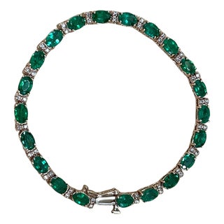 12 Ct Natural Brazilian Emerald and Diamond Tennis Bracelet 14 Karat WHITE Gold For Sale