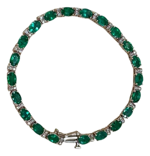 12 Ct Natural Brazilian Emerald and Diamond Tennis Bracelet 14 Karat WHITE Gold