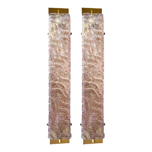 Luxury Gold Wall Sconces With Pink-Ametista "Graniglia" Murano Glass --Set of Two For Sale