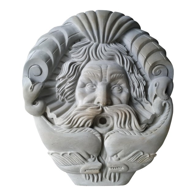 Hand Carved Limestone Italian Baroque Triton Mask Spout For Sale