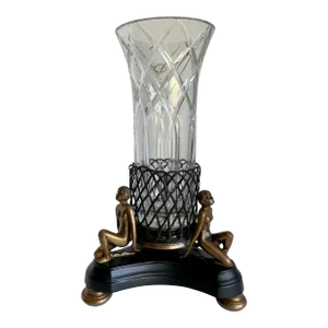 Art Deco Crystal Vase on Figurative Female Black and Brass Base