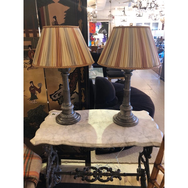 Pewter Corinthian Column Neoclassical Table Lamps- a Pair For Sale - Image 4 of 12
