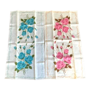 Large Vintage 1950s/60s Irish Linen Tea Towels With Blue White and Pink Rose Motif - a Pair