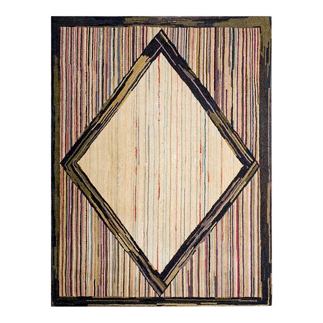 1930s Ivory Rhombus Antique American Hooked Rug 4'5" X 5'8" Handknotted Wool Carpet For Sale