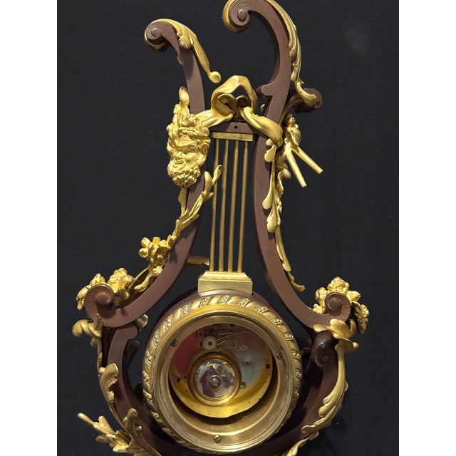 19th Century 1840-1860 French Bronze Lyre Clock Louis XVI Style, Bronze/Marble For Sale - Image 5 of 18