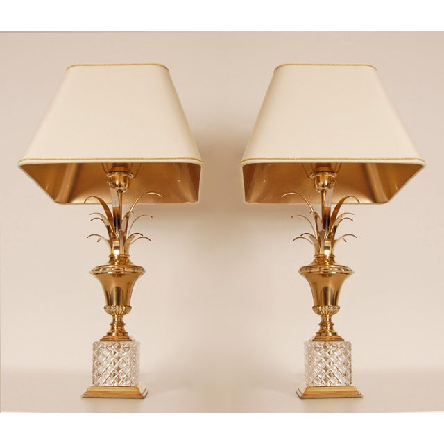 1970s Mid Century French Table Lamps Crystal and Gold Brass Reed Modern Lamps - A Pair For Sale - Image 12 of 12