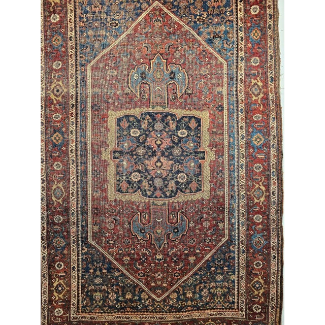 19th Century Persian Bidjar Rug, Handwoven Geometric Pattern, Burgundy & Blue, 5’ X 7’ For Sale In Chicago - Image 6 of 12