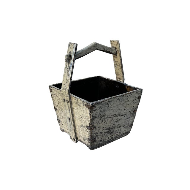 Vintage Rustic Off White Square With Handle Wood Bucket For Sale - Image 4 of 5