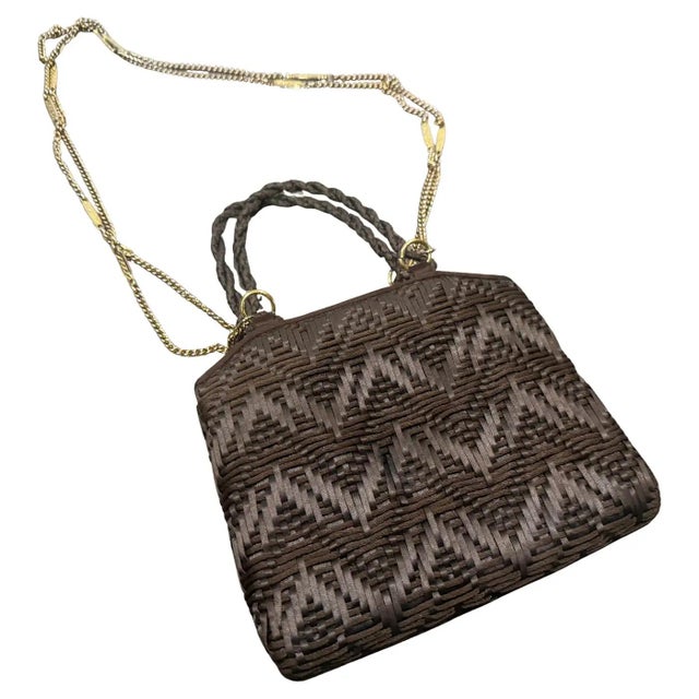 1960s Luxury Brown Woven Cotton and Brass Italian Evening Bag For Sale - Image 12 of 18