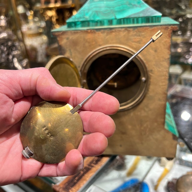 Green 19th Century Malachite Veneered Mantel Clock and Obelisks Set- 3 Pieces For Sale - Image 8 of 9
