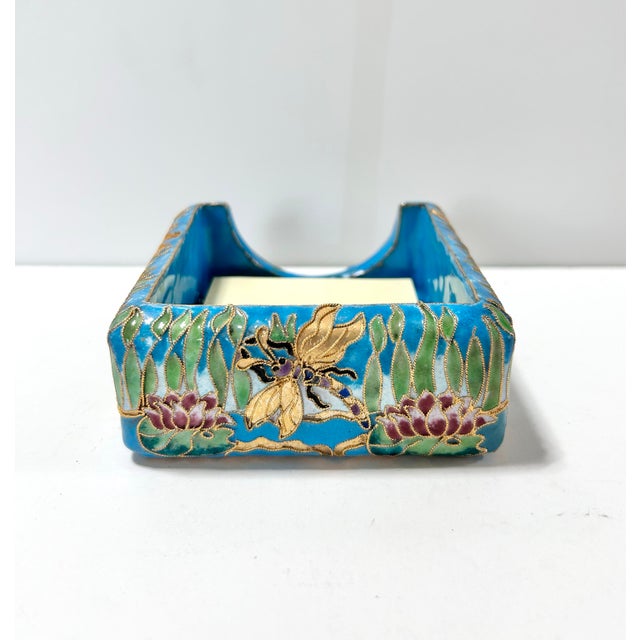 1970s Vintage Chinese Cloisonné Memo Holder With Dragonfly and Lotus Motif, Turquoise Enamel Desk Accessory For Sale - Image 5 of 10