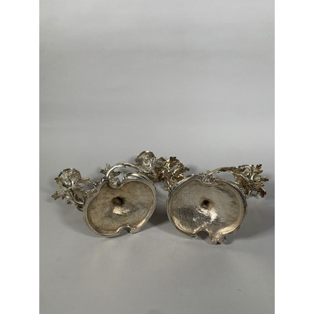 Silver Pair of Rococo Style Silvered Bronze Candelabra, 19th Century, Louis XV Style For Sale - Image 8 of 11