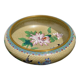 Vintage Chinese Cloisonne Enamel Bowl Bird Chrysanthemum Floral Centerpiece 8" For Sale