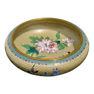 Vintage Chinese Cloisonne Enamel Bowl Bird Chrysanthemum Floral Centerpiece 8"