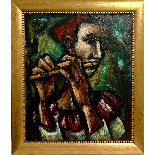 Modern Boris Deutsch, 1947 Expressionist Oil Painting Flute Player Musician Boris Deutsch WPA Artist, 1947 For Sale - Image 3 of 11