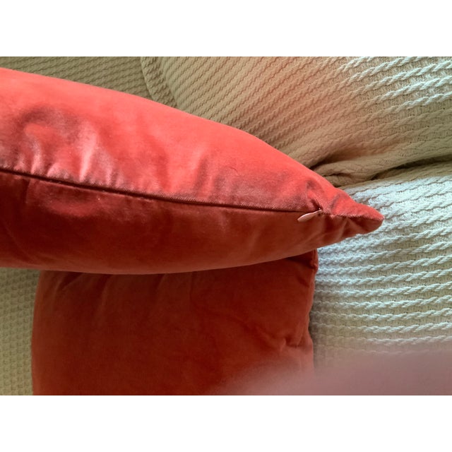 Soft Vintage Velvet Orange/Coral/Melon Pillows, a Very Versatile Pair for Coastal, Cottage Core, Palm Beach Regency or Traditional Decor For Sale - Image 4 of 5