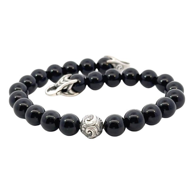 1990s David Yurman Estate Matte Onyx Carved Prayer Beads Bracelet 8.5" Silver For Sale