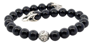 1990s David Yurman Estate Matte Onyx Carved Prayer Beads Bracelet 8.5" Silver
