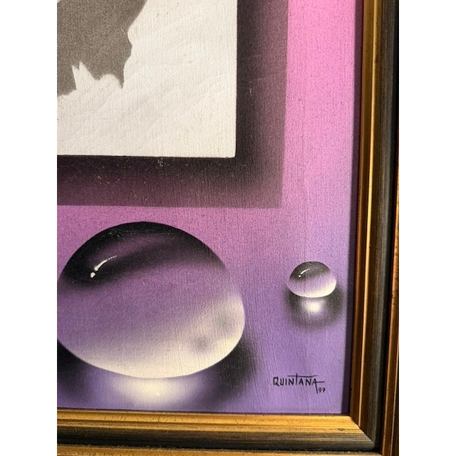 1997 Rolando Quintana "Hummingbird and Butterfly" Surrealist Water Droplet Painting For Sale - Image 4 of 5