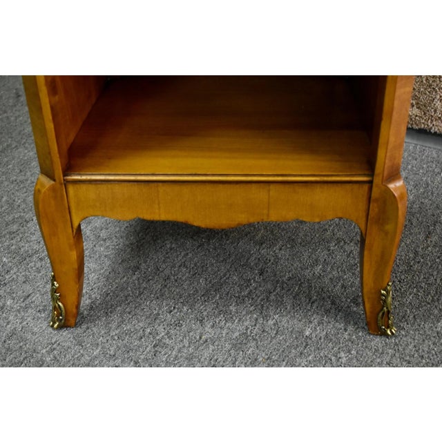 French Vintage Satinwood Nightstand French Style Brass Ormolu Inlaid Bedside Table For Sale - Image 3 of 12
