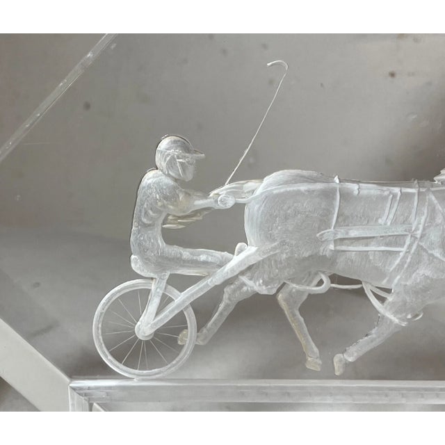 Pair of 2 Vintage Handmade Carved Etched Lucite Acrylic Harness Jockey Bookends For Sale - Image 12 of 14