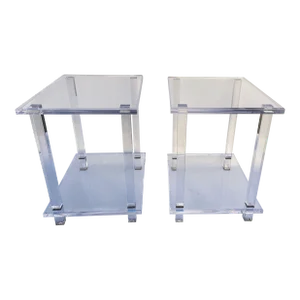 Two Tier Custom-Made Lucite Side Rectangular Tables , Pair