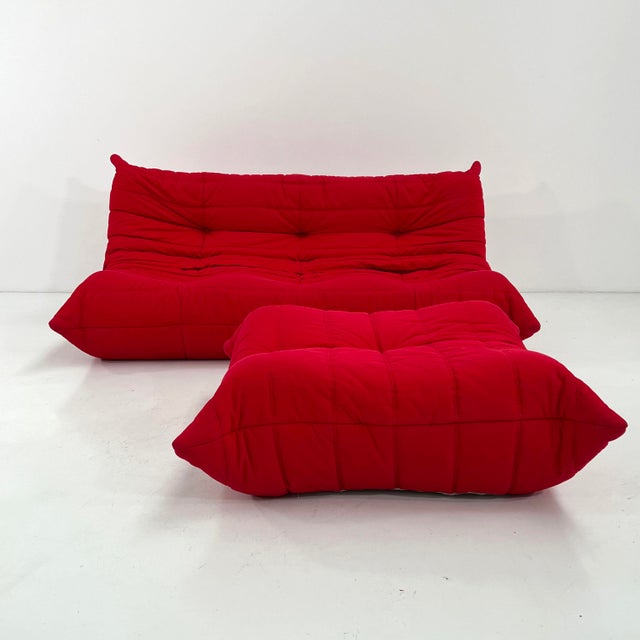 Set of Red 3-Seater Togo Sofa & Ottoman by Michel Ducaroy for Ligne Roset, 1970s, in Good conditions. Designed 1970 to...