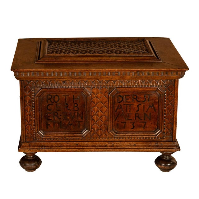 Antique Carved Walnut & Iron Coffer Chest Strong Guild Box Simmern Germany 1737 For Sale - Image 13 of 18