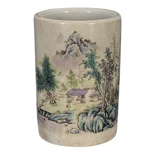 Famille Rose Crackle Glaze Porcelain Brush Pot With Landscape Scene For Sale